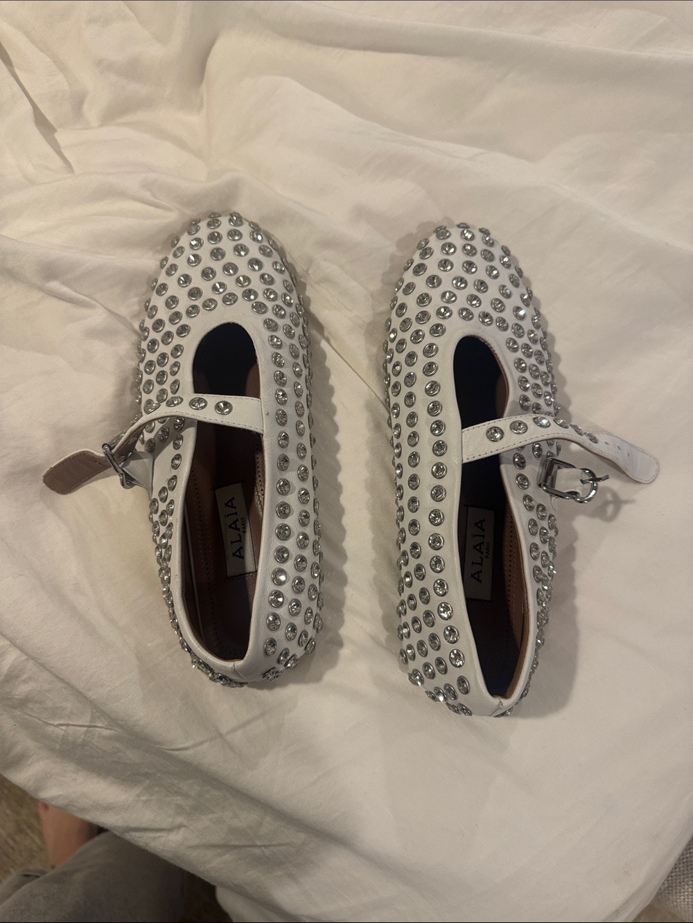 Alaia White Crystal-Stud Mary Jane Flats